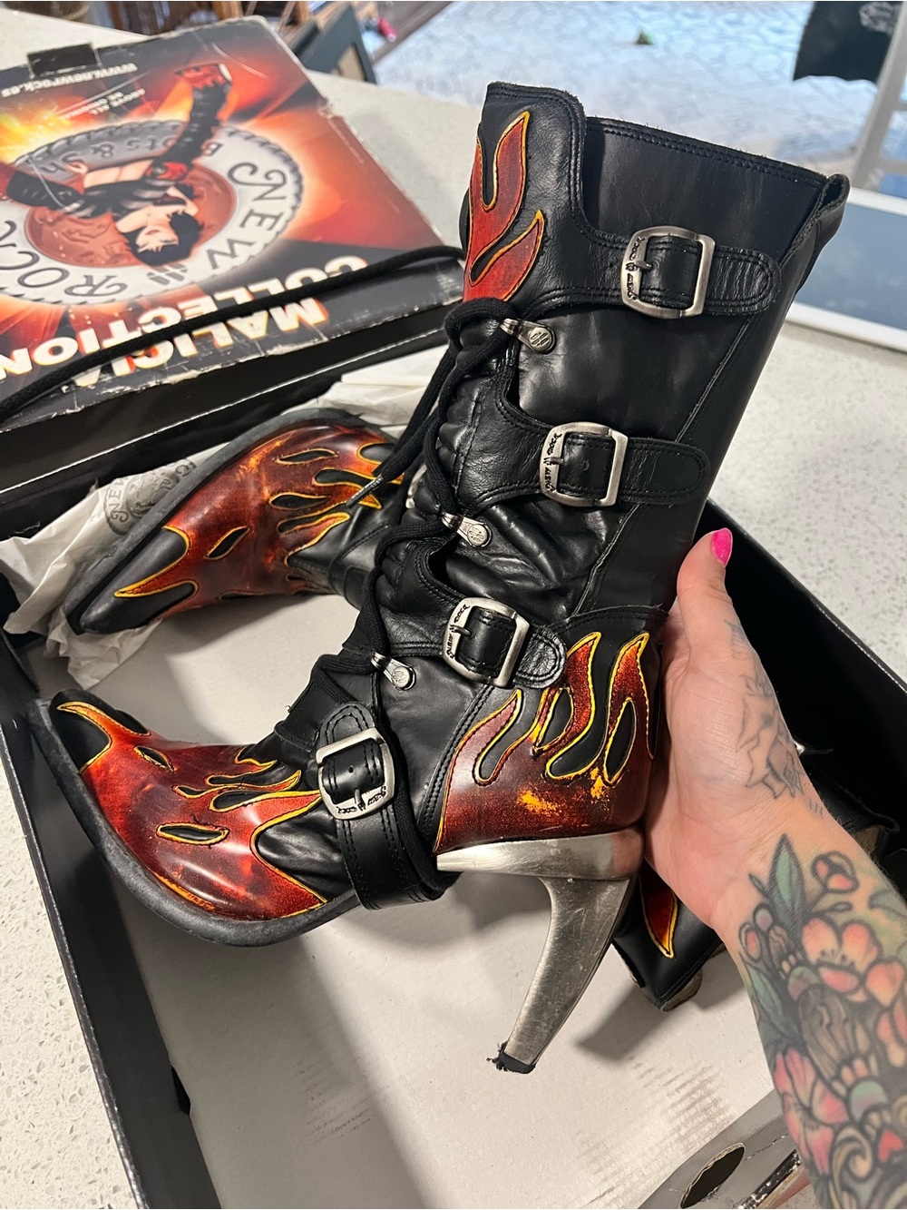 Women's Black Leather Flame-Accent Ankle Boots